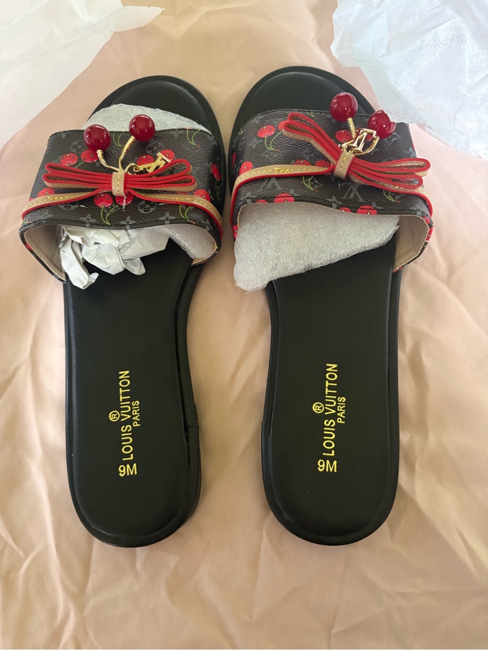 Louis Vuitton Brown Monogram Cherry-Accent Slide Mules